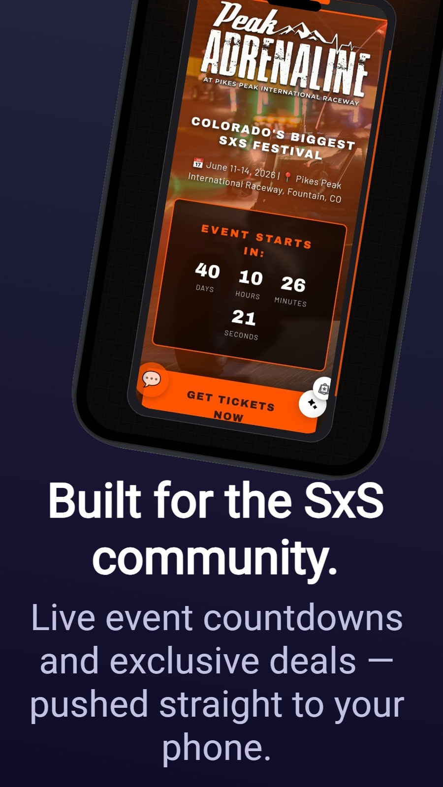 Built for the SxS community. - Live event countdowns and exclusive deals — pushed straight to your phone.