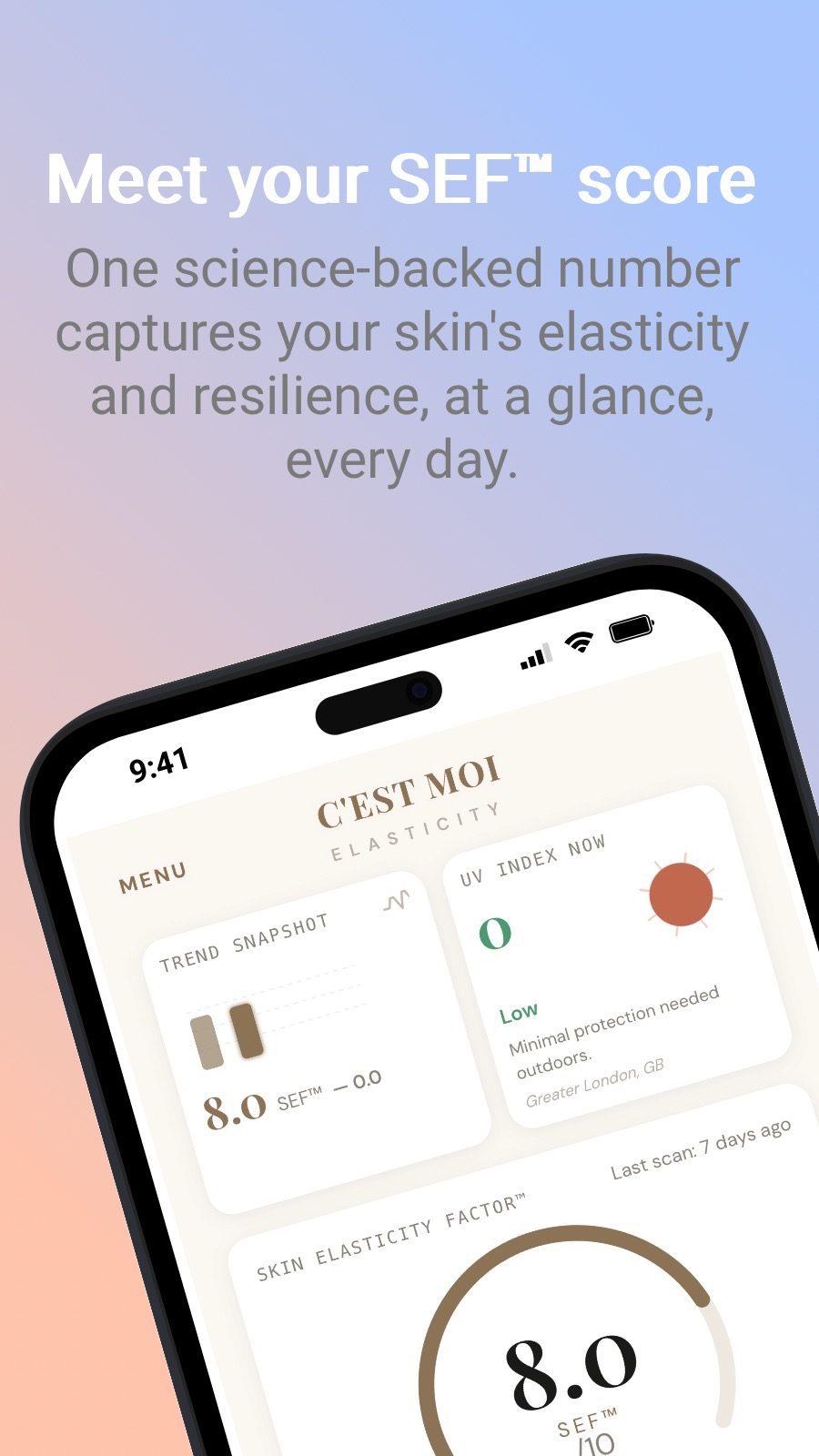 Meet your SEF™ score - One science-backed number captures your skin‘s elasticity and resilience, at a glance, every day.